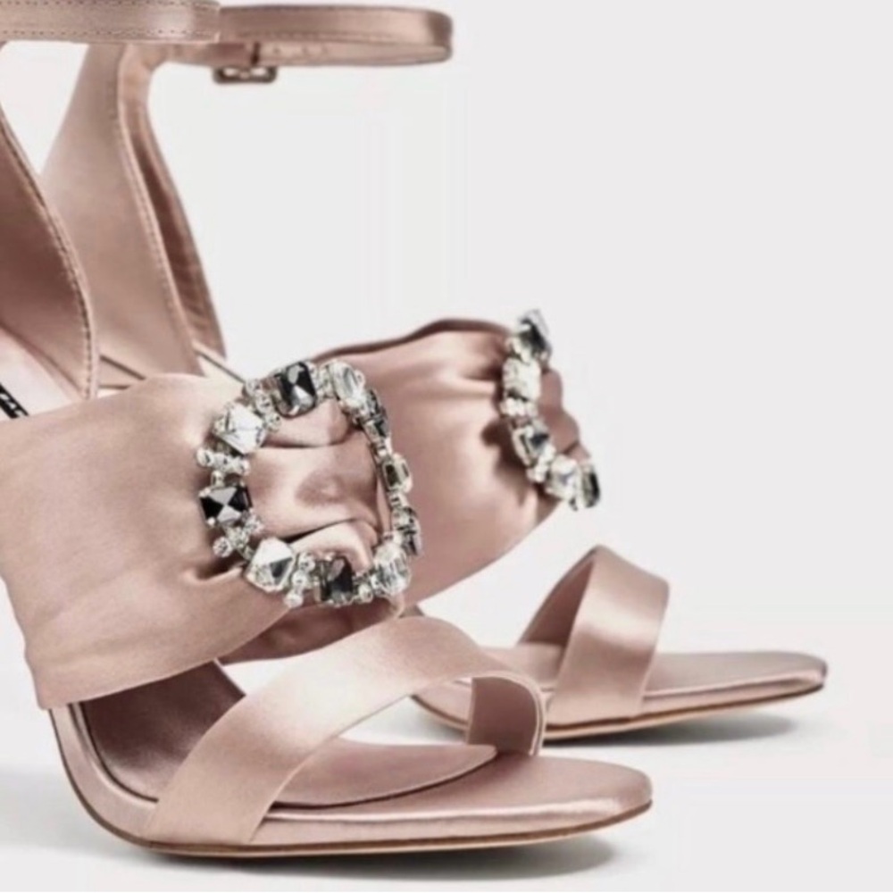 Zara Chunky Crystal Embellished Satin Heels Sandals Size 41 - Picture 3 of 14